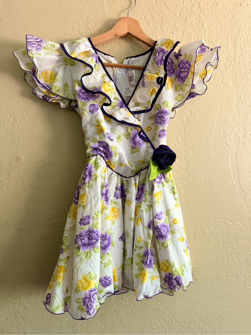 Girls Floral Ruffle Dress with Purple & Yellow Blooms - Lightweight Casual